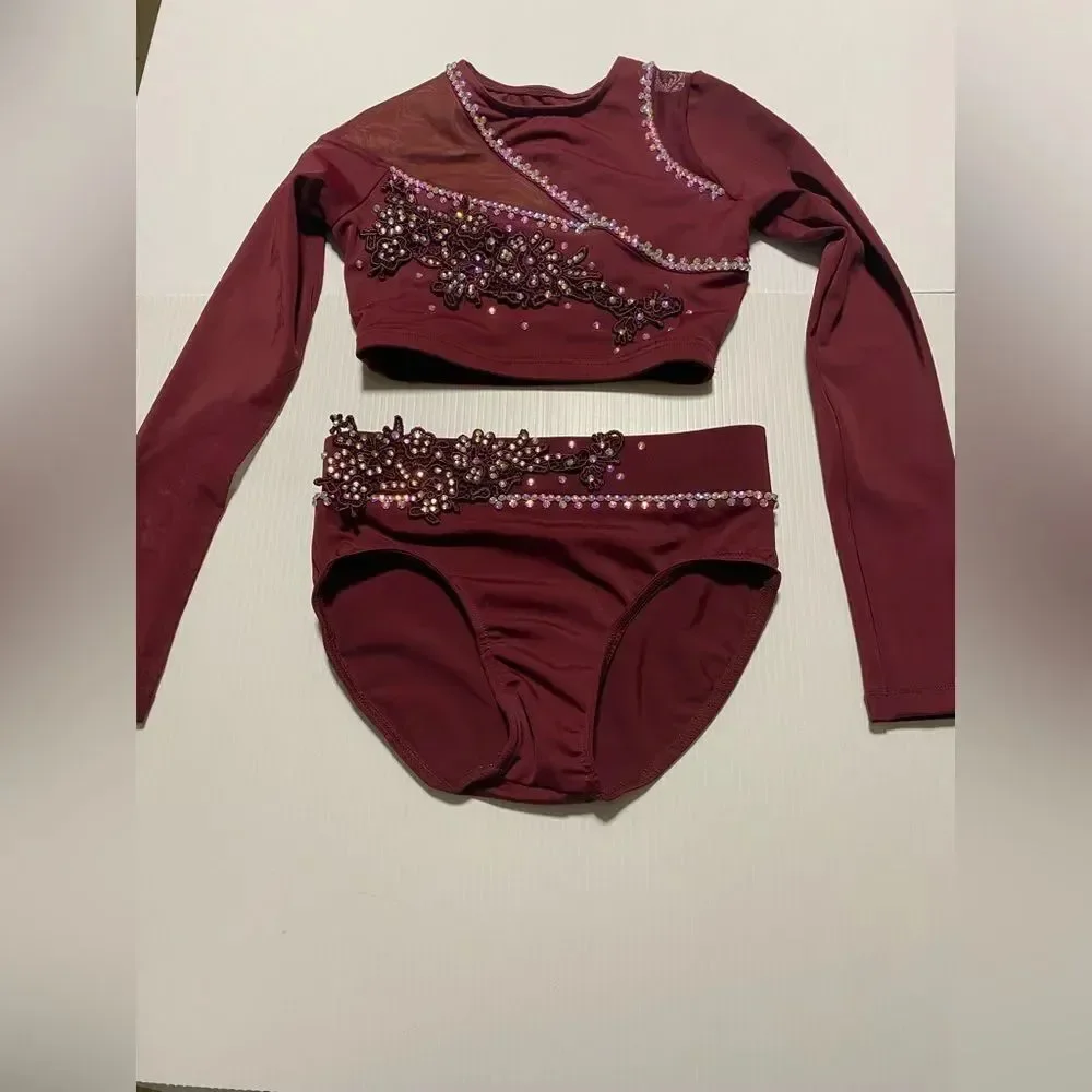 Weissman custom solo dance costume 2 piece burgundy red MT11386 IC- child 7/8